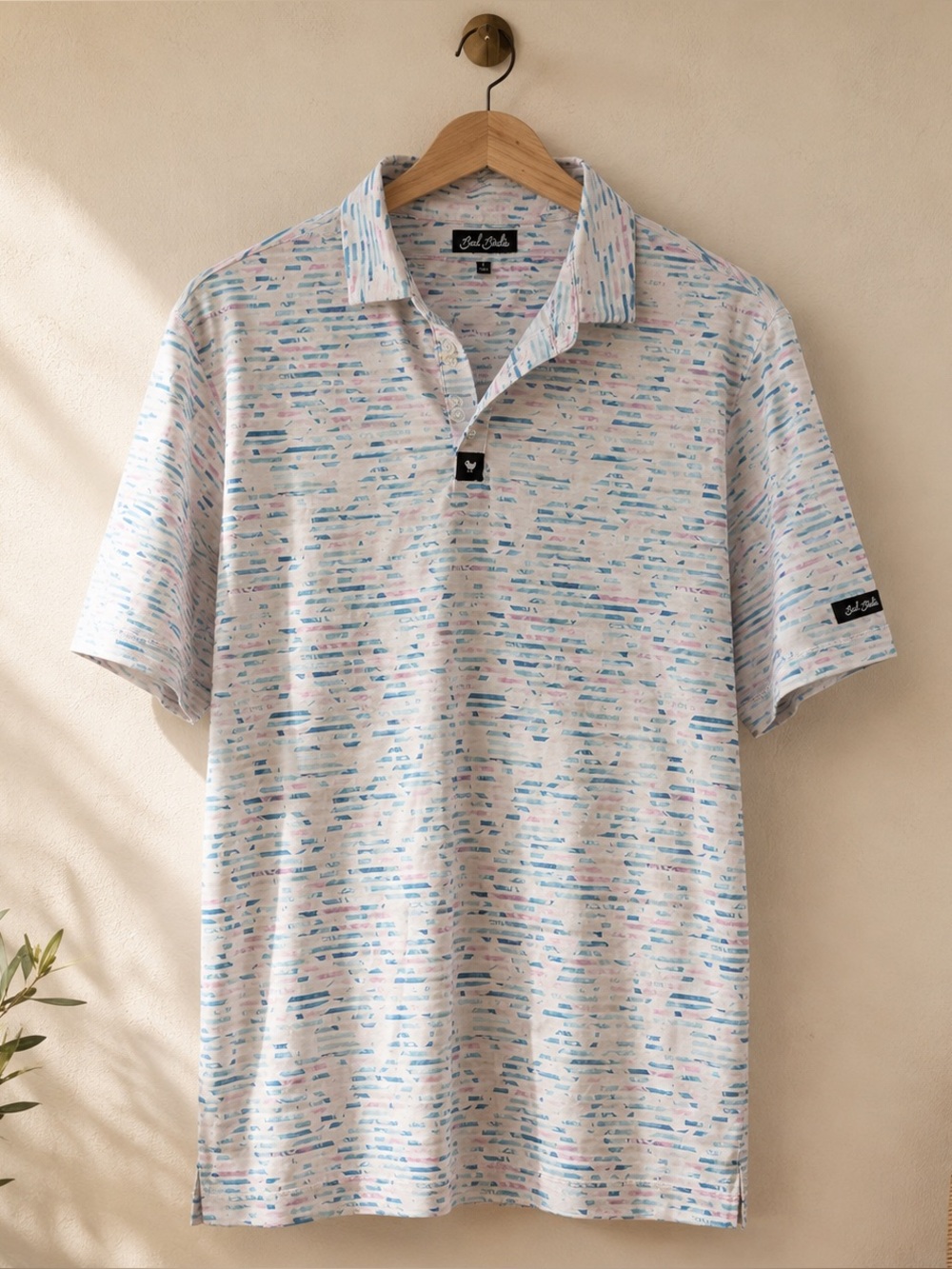 Bad Birdie Men’s Large Golf Polo Pastel Pink Blue Abstract Stretch Shirt